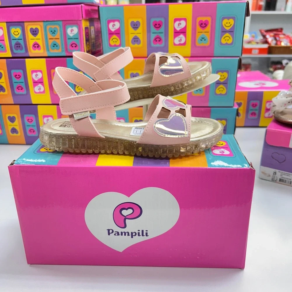 Pampili FeetCare Pink Iridescent Heart Sandals Glitter Sole Kids Size 13 US